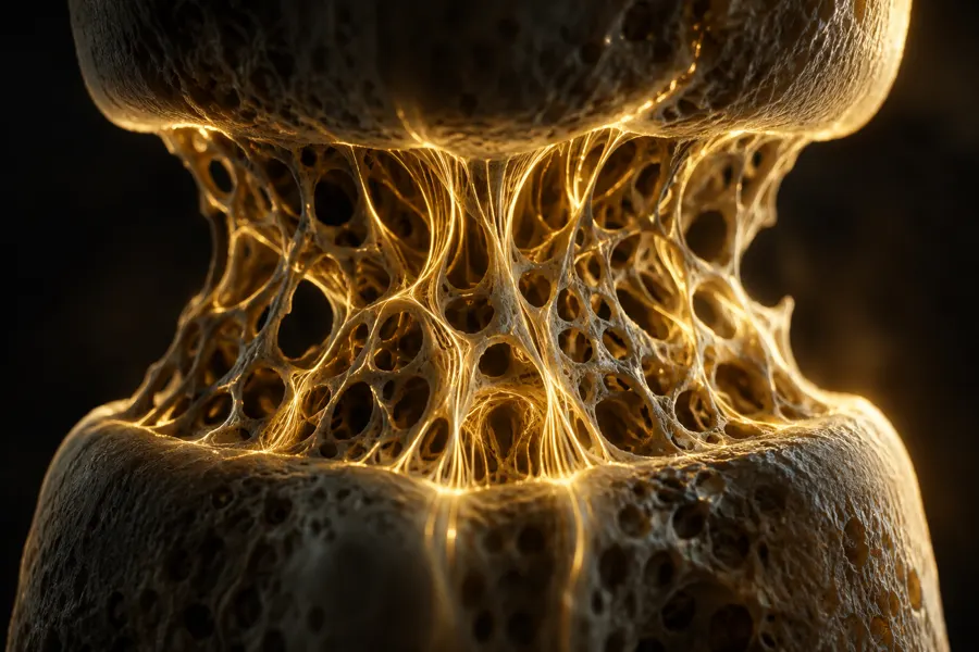 Close-up of trabecular bone structure lit in gold, showing the internal lattice that remodels under load